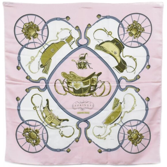 HERMES 100% Silk Carre 90 Scarf SPRINGS Carriage Pink White - Picture 1 of 13